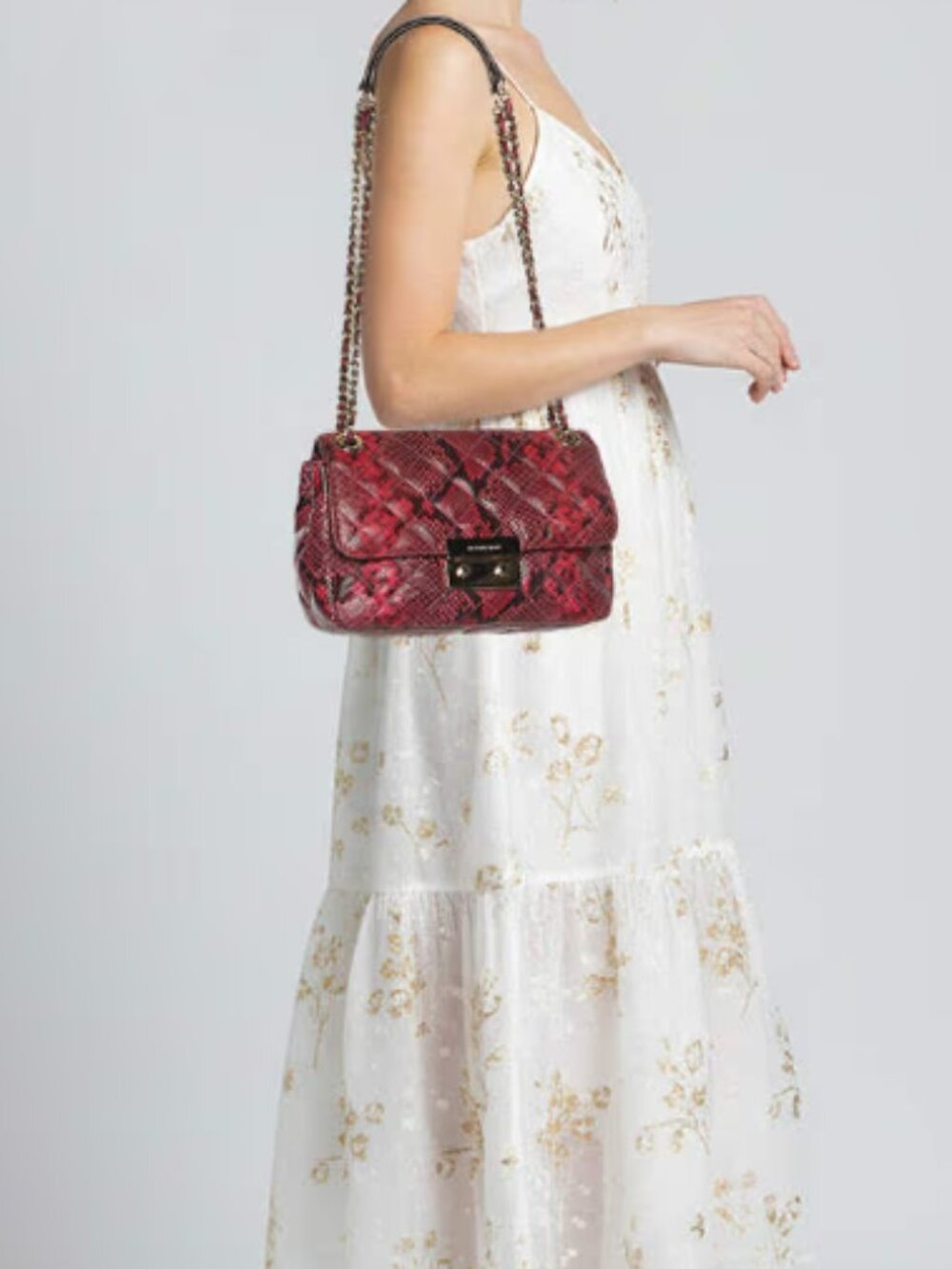 Michael Kors Sloan Fuchsia Quilted Snake Print Leather Chain Shoulder Bag - Picture 3 of 17
